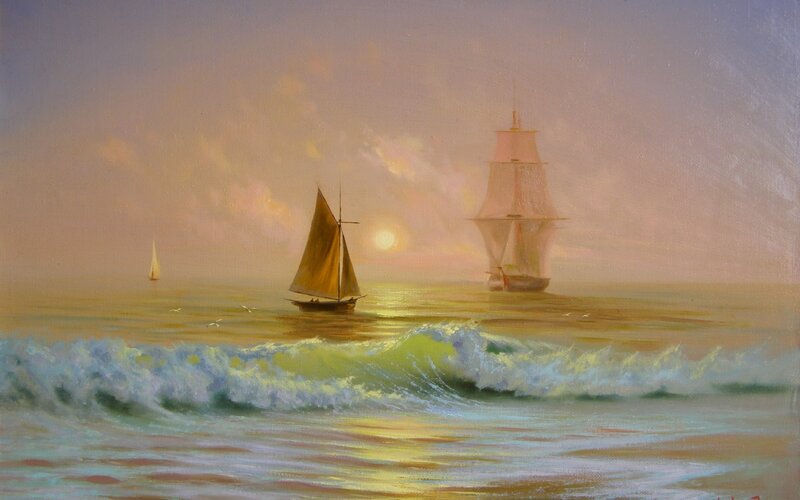 Sailboats on Ocean — Yellow, Serene, Sunset, Painting, Sun, Waves