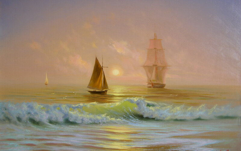 Sailboats on Ocean — Yellow, Serene, Sunset