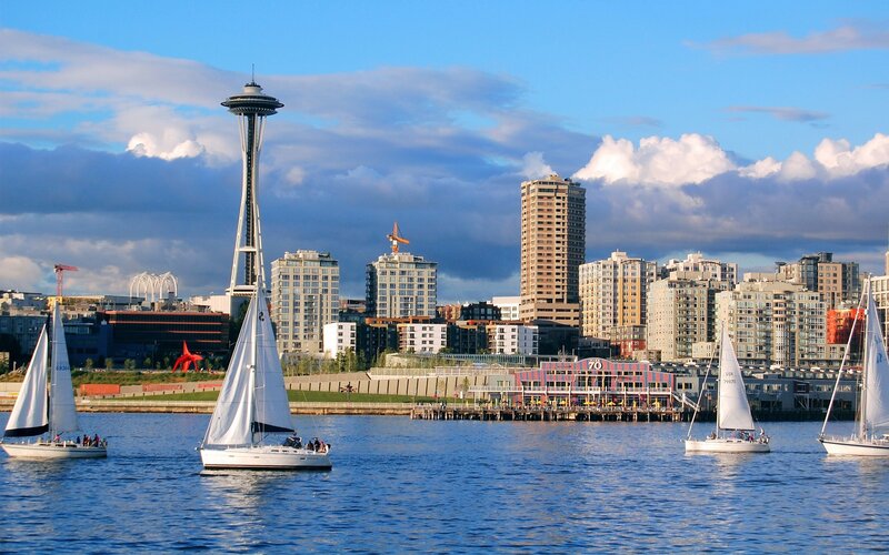 Sailboats on Puget Sound with Space Needle