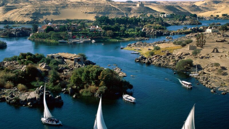 Sailboats on River — Blue, Serene