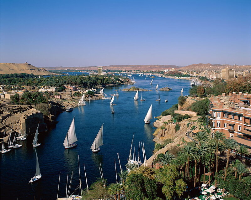 Sailboats on River — Blue