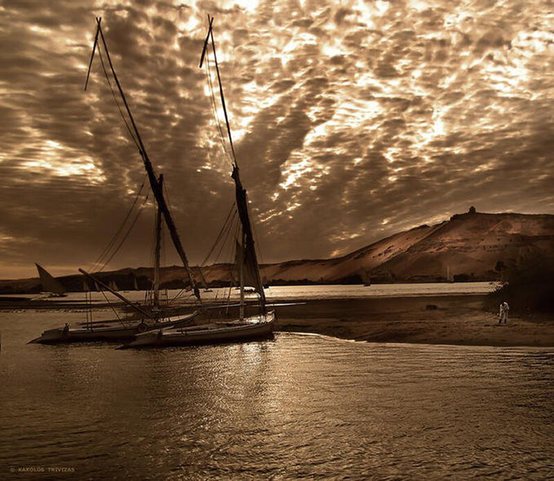 Sailboats on River — Brown