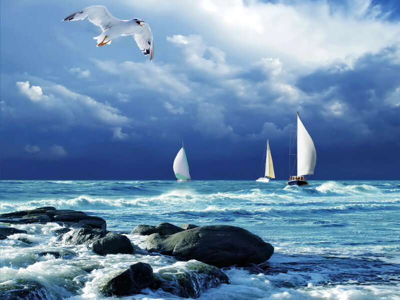 Sailboats on Rough Sea — Blue, Dramatic, Afternoon
