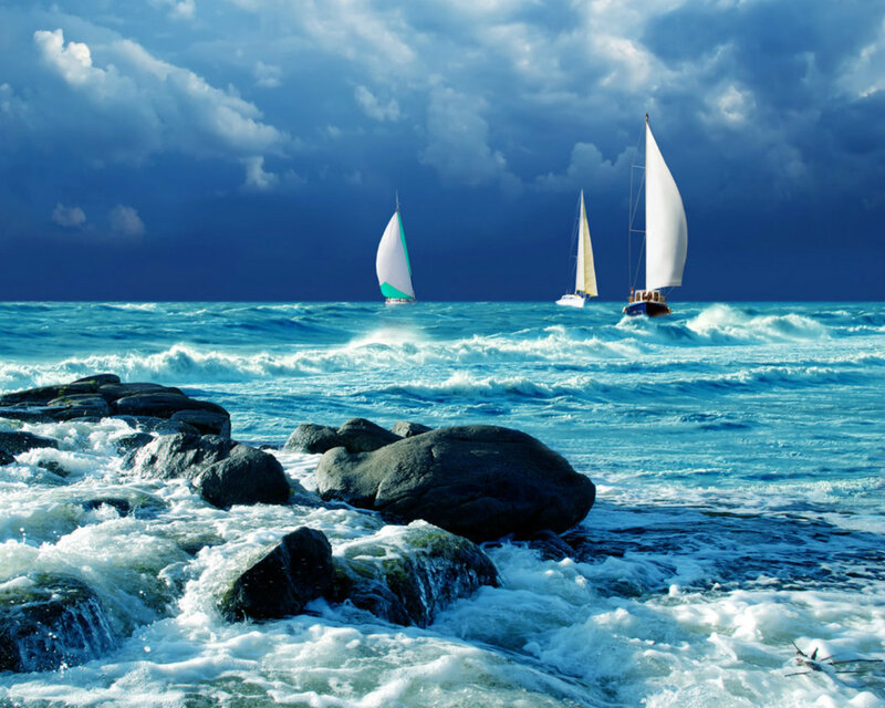 Sailboats on Rough Sea — Blue, Dramatic, Photograph