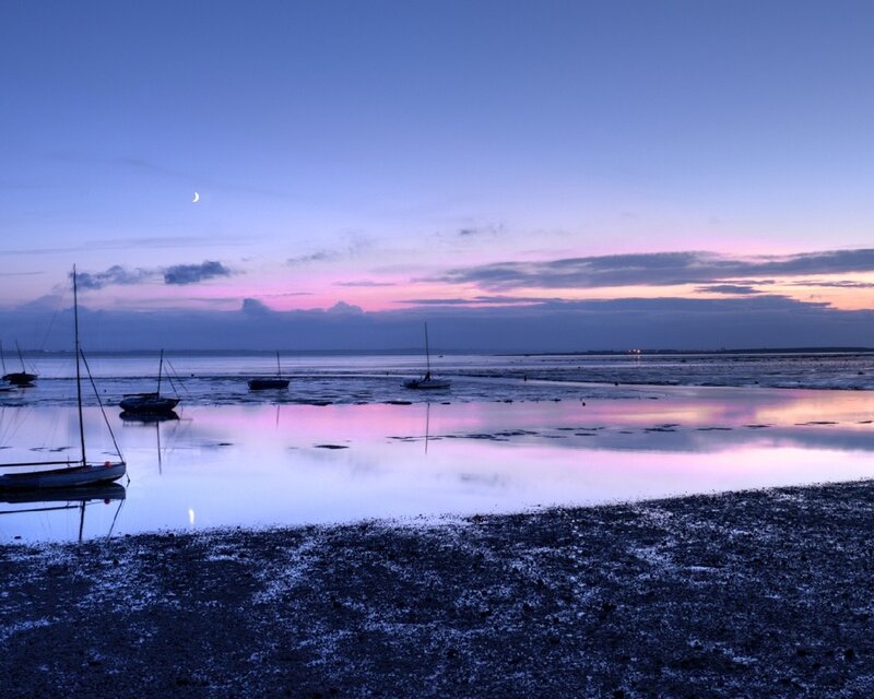 Sailboats on Tidal Flats — Blue, Serene, Night