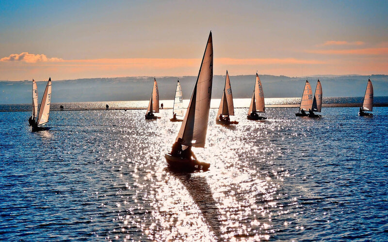 Sailboats on Water — Blue, Serene, Sunset, Photograph, Sunlight