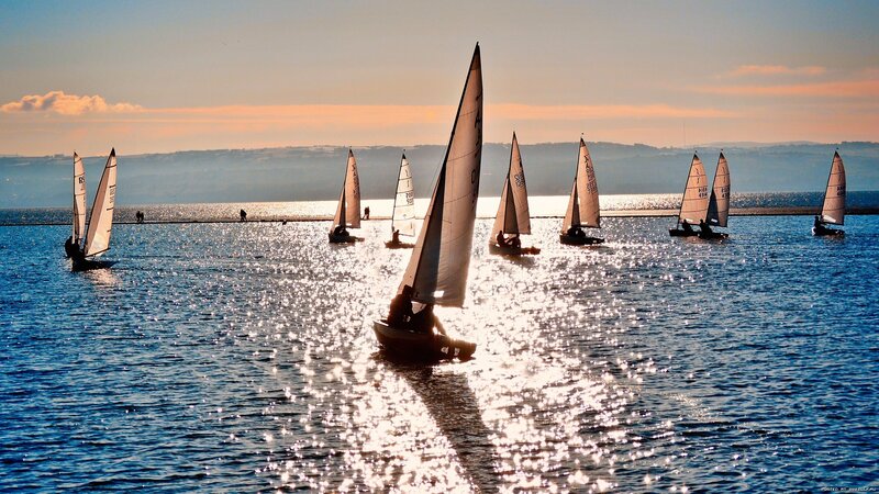 Sailboats on Water — Blue, Serene, Sunset