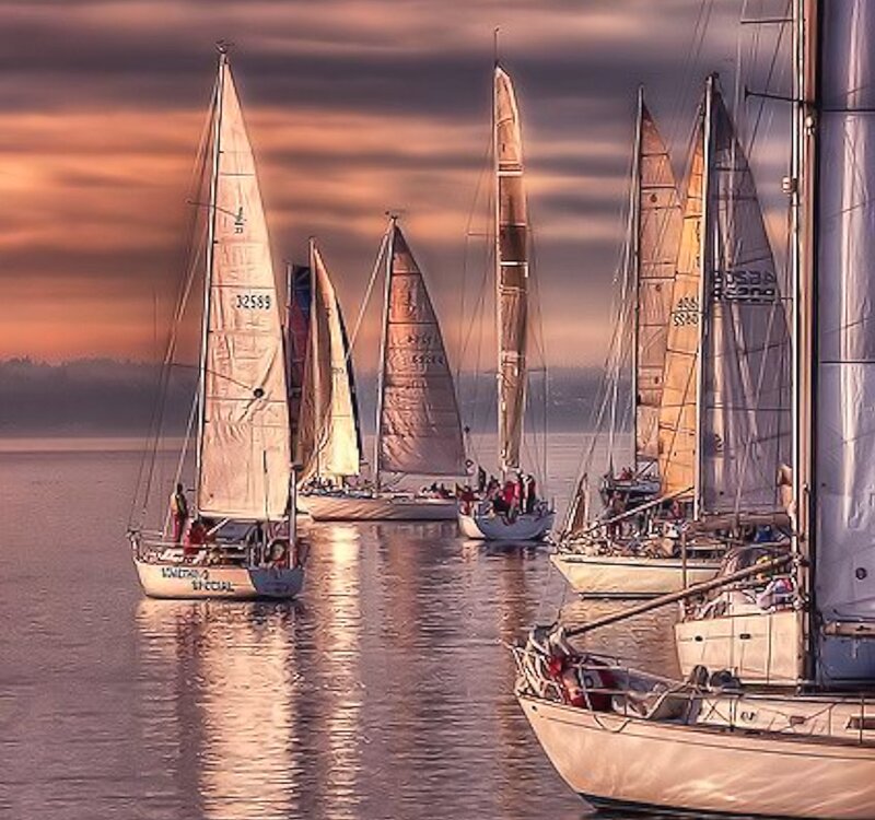 Sailboats on Water — Orange, Dramatic, Sunset, Photograph, Sails