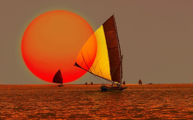Sailboats on Water — Orange, Dramatic, Sunset, Photograph, Sun