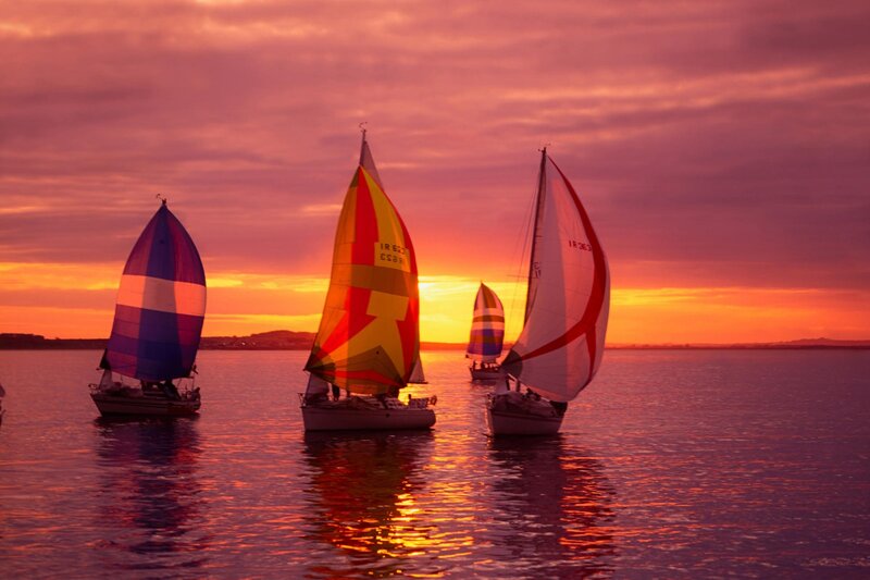 Sailboats on Water — Orange, Dramatic, Sunset, Photograph