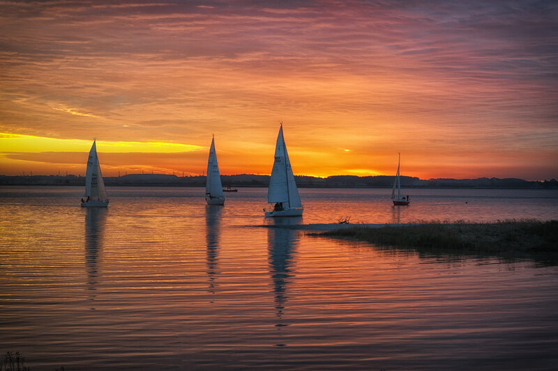 Sailboats on Water — Orange, Serene, Sunset