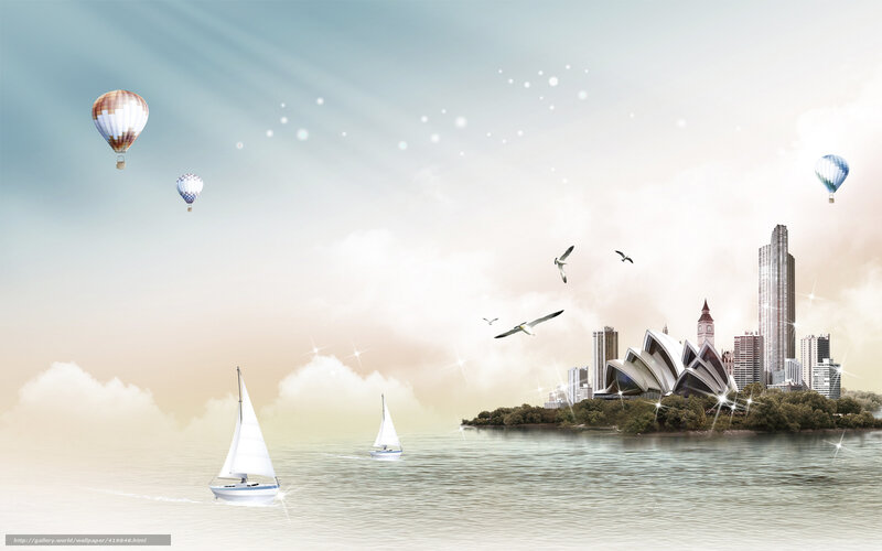 Sailboats over city skyline