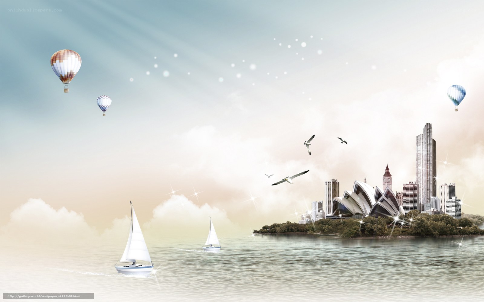 Sailboats over city skyline