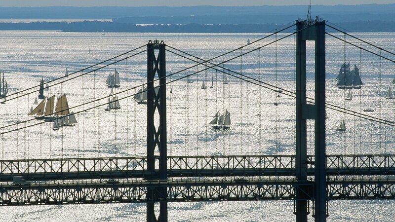 Sailboats under Bridge — Blue, Serene