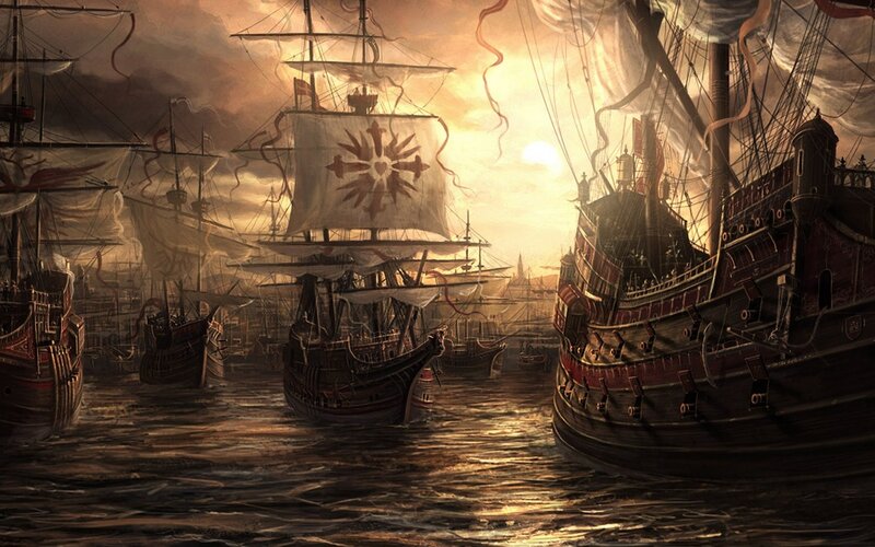 Sailing fleet at sunset