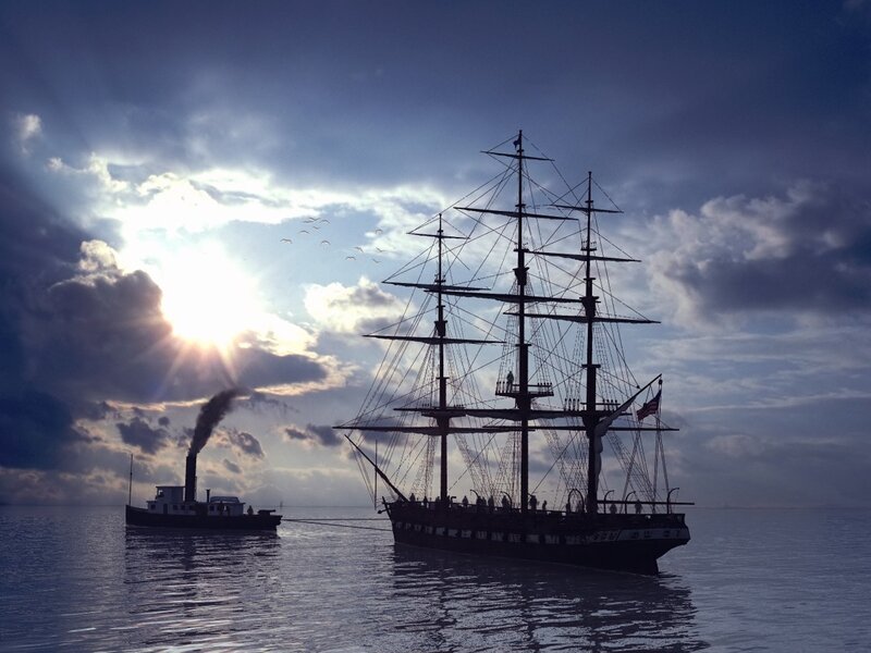 Sailing Ship and Steamboat — Blue, Dramatic, Sunrise