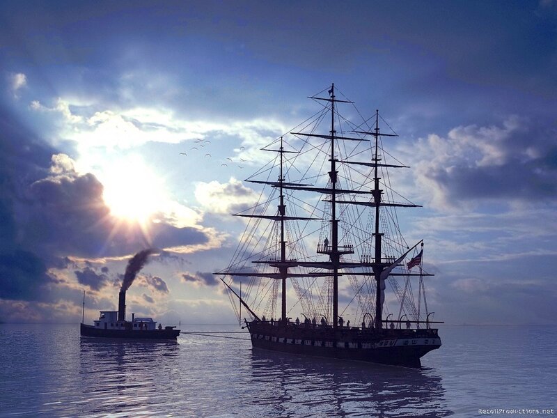 Sailing Ship and Steamboat — Blue, Dramatic, Sunset, Digital Art