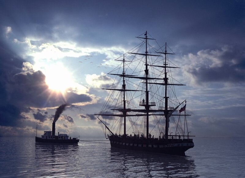 Sailing Ship and Steamboat — Blue