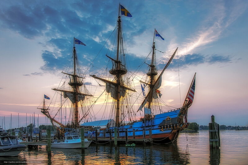 Sailing Ship at Dock — Blue, Dramatic, Sunset
