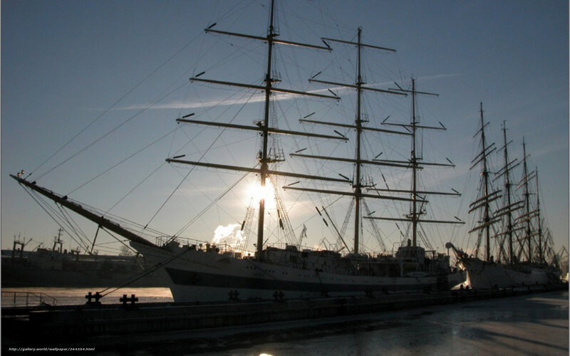 Sailing Ship at Dock — Blue, Dramatic