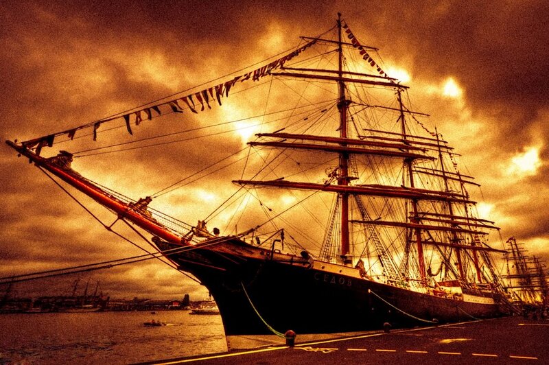 Sailing Ship at Dock — Orange