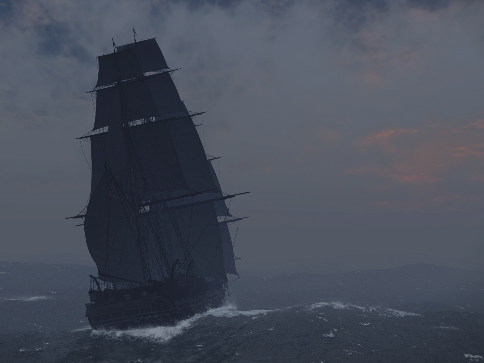 sailing ship at dusk