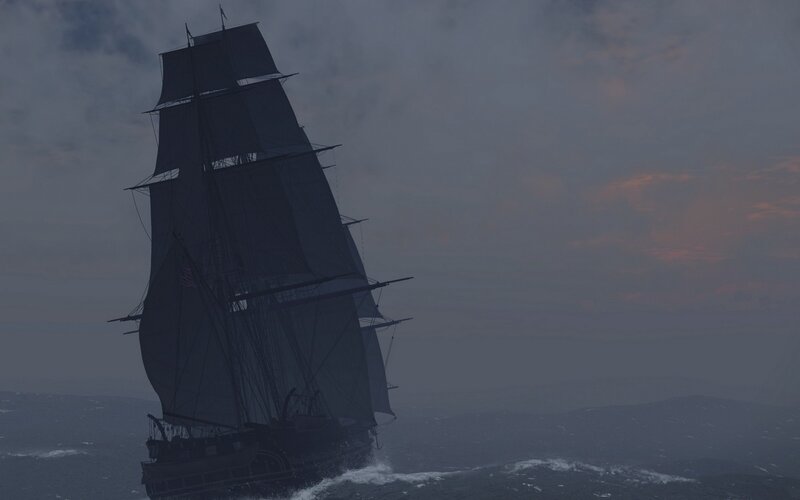 sailing ship at dusk