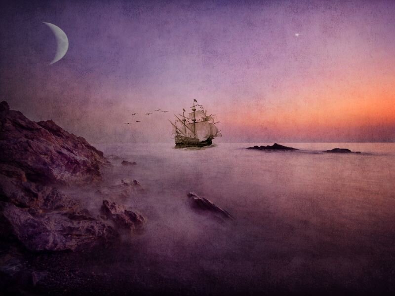 Sailing ship at dusk