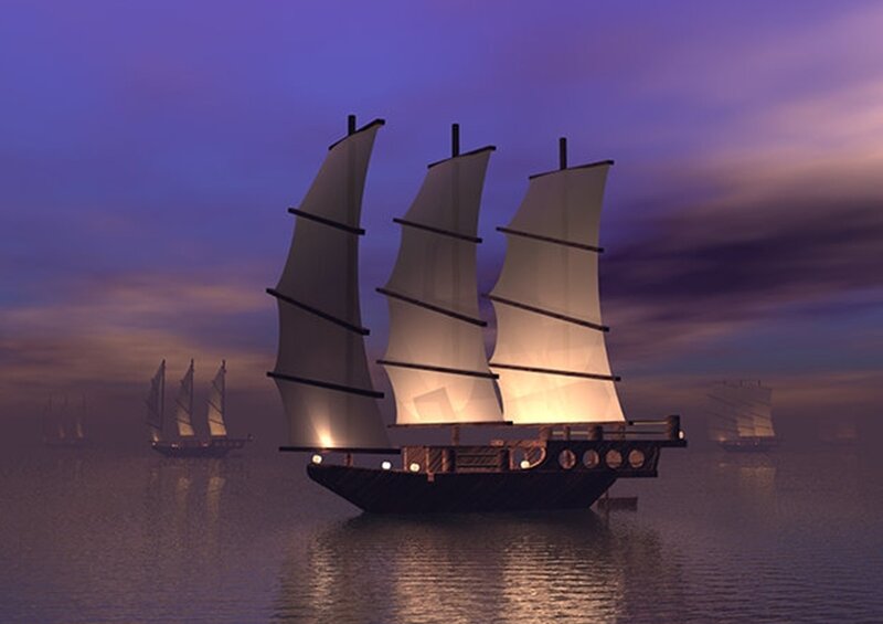 Sailing Ship at Dusk — Purple, Serene, Night