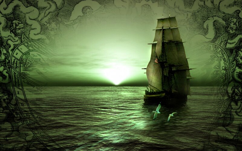 sailing ship at green sunset