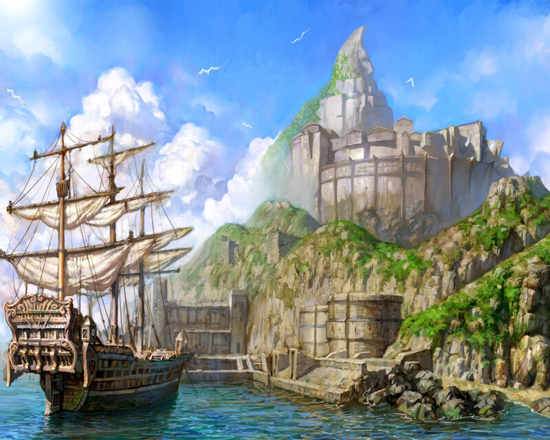 Sailing Ship at Harbor — Blue, Serene, Afternoon, Digital Art, Castle, Mountain, Seagulls