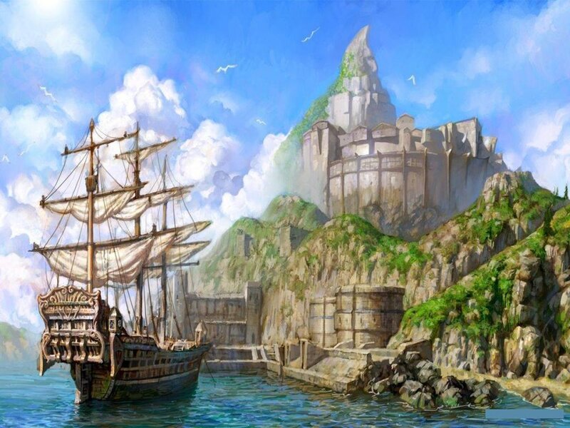 Sailing Ship at Harbor — Blue, Serene, Afternoon, Digital Art