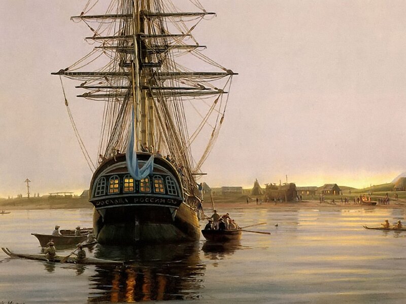 Sailing Ship at Harbor — Blue, Serene, Sunset