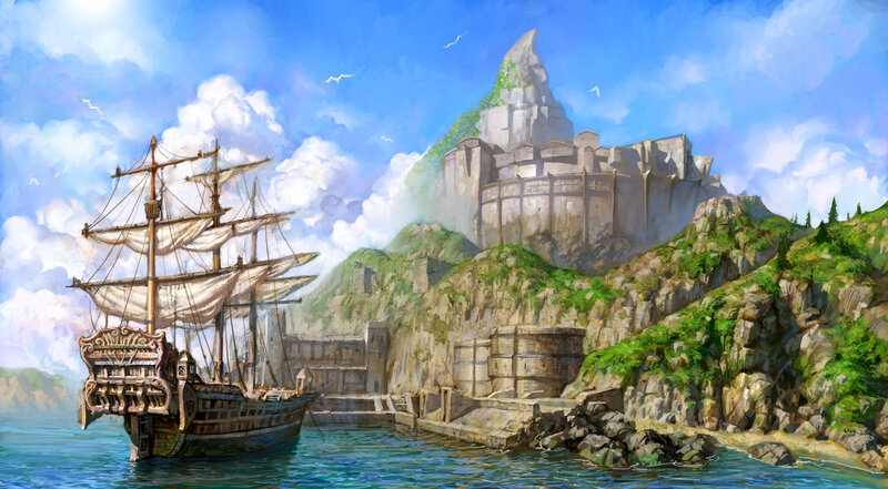 Sailing Ship at Harbor — Blue, Serene