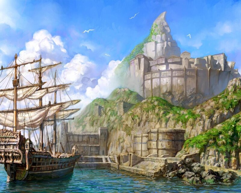 Sailing Ship at Harbor — Blue