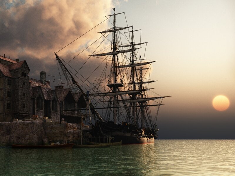 Sailing Ship at Harbor — Orange, Dramatic, Sunset, 3d Render