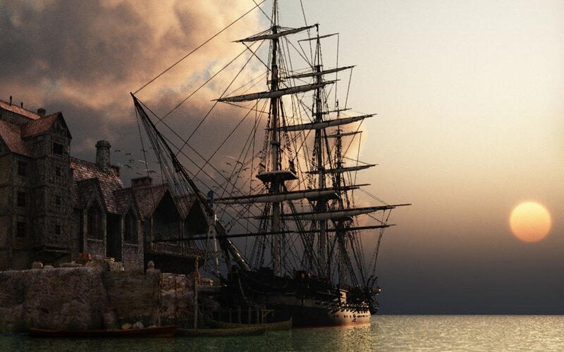 Sailing Ship at Harbor — Orange, Dramatic