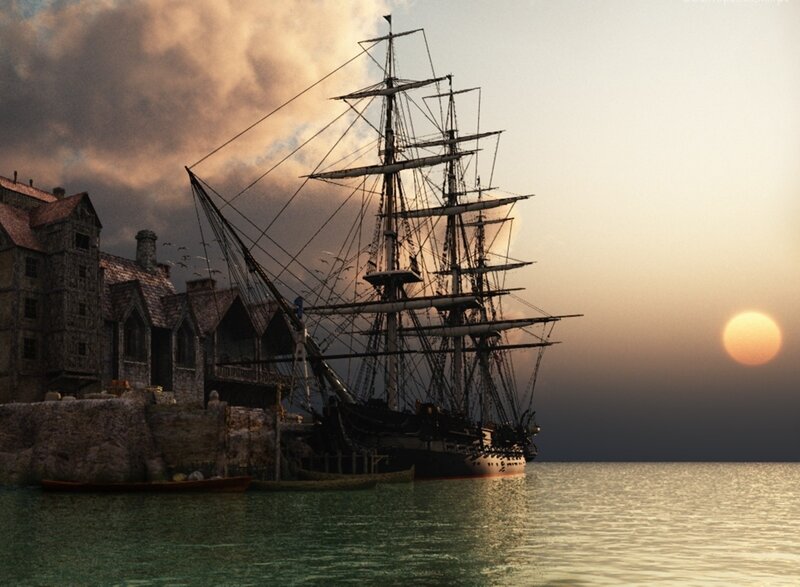 Sailing Ship at Harbor — Orange
