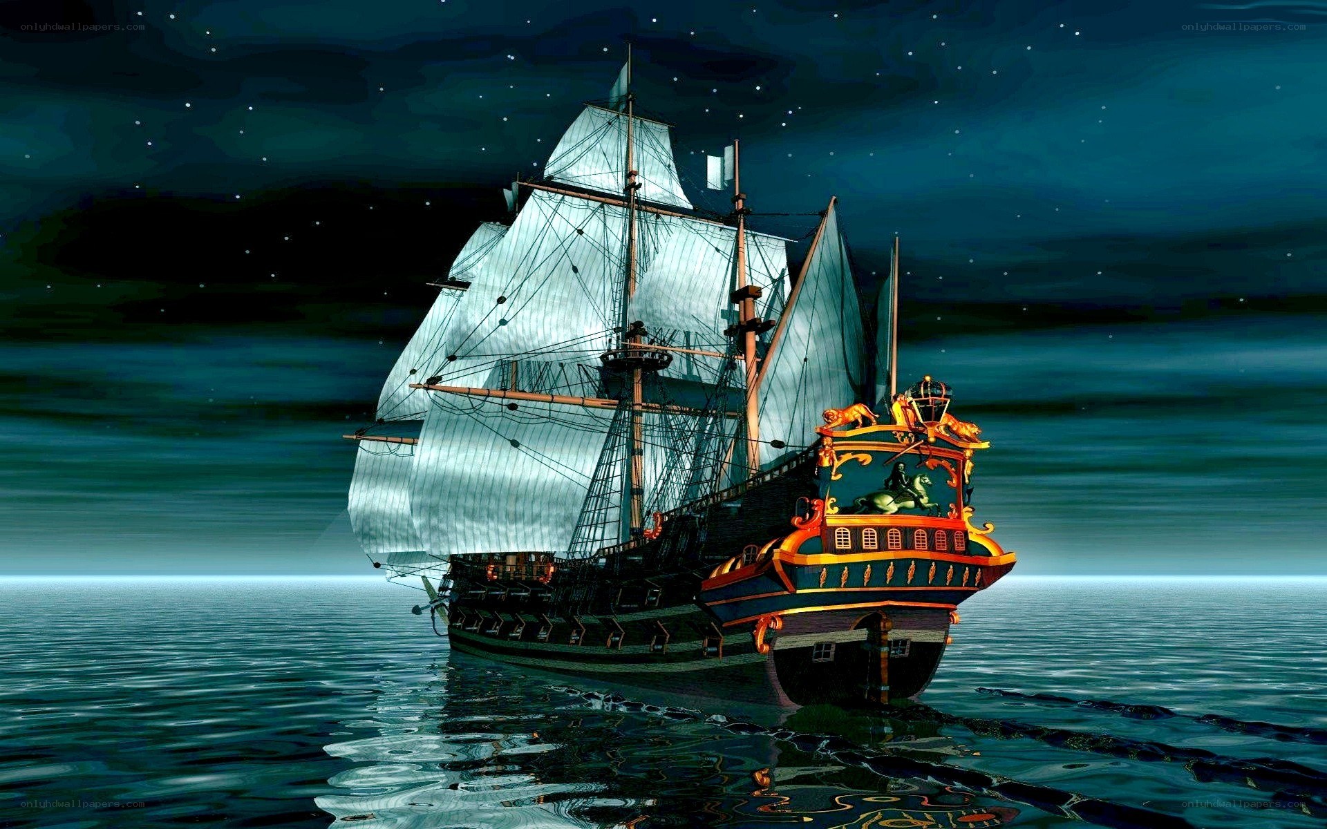 sailing ship at night