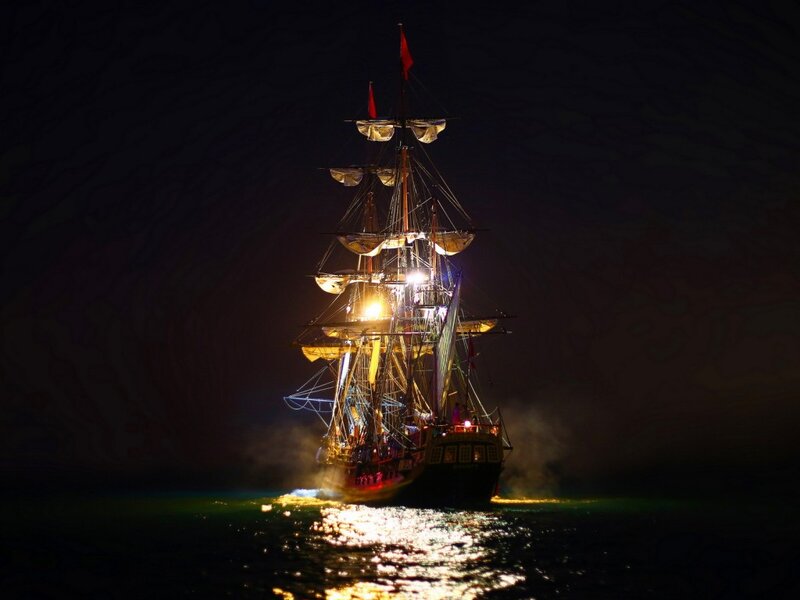 Sailing Ship at Night — Black, Dramatic, Photograph, Lights