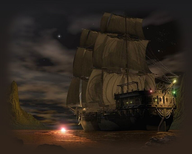 Sailing Ship at Night — Black, Dramatic
