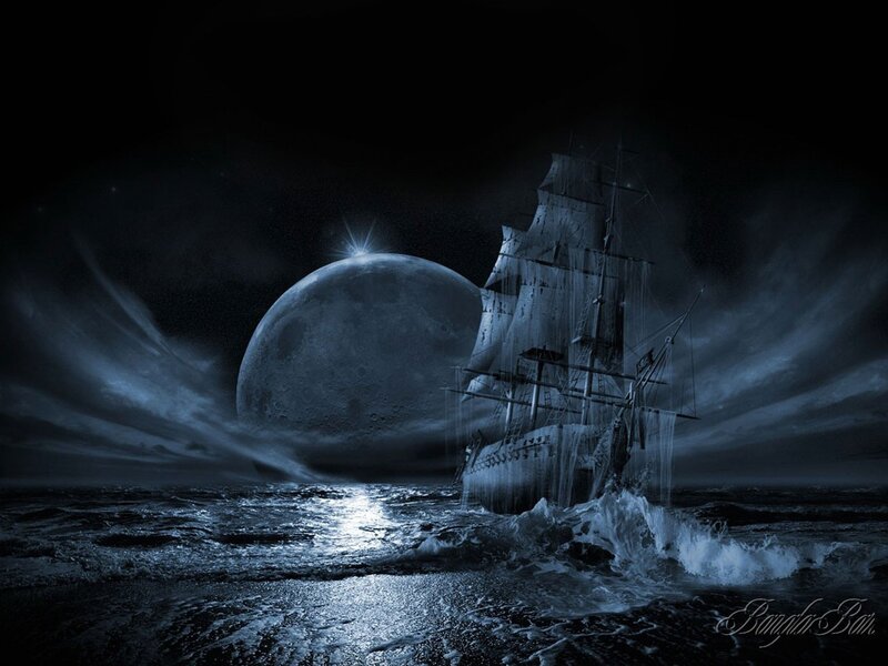 Sailing Ship at Night — Blue, Digital Art