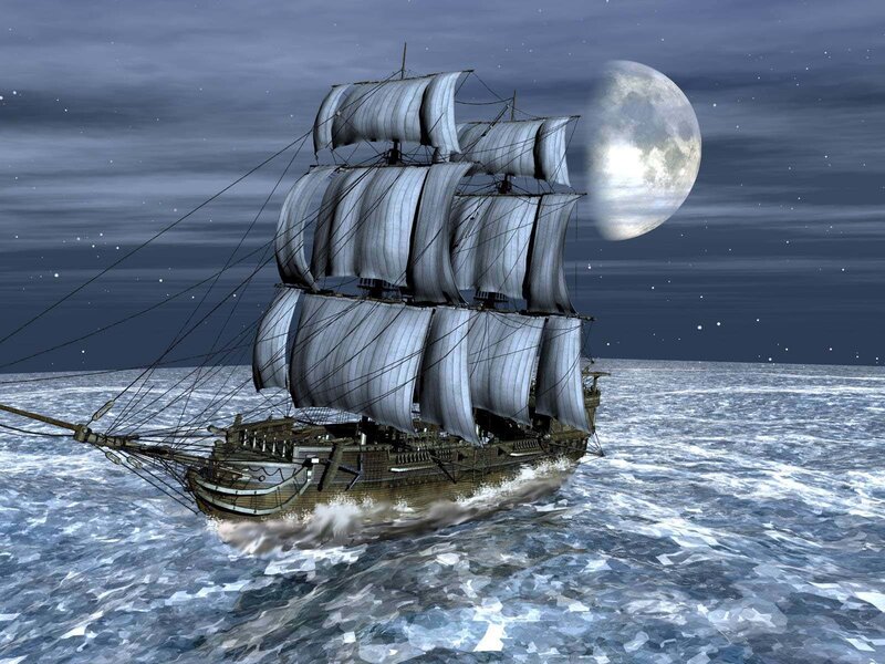 Sailing Ship at Night — Blue, Dramatic, 3d Render