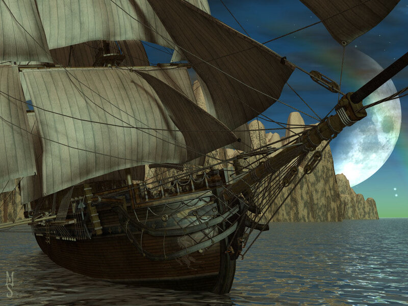 Sailing Ship at Night — Blue, Dramatic, Digital Art, Moon, Cliffs