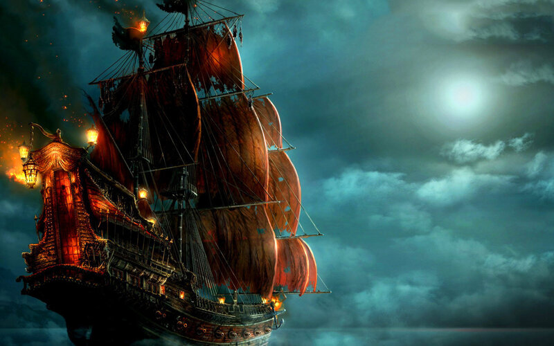 Sailing Ship at Night — Blue, Dramatic, Digital Art, Moon, Clouds, Lanterns