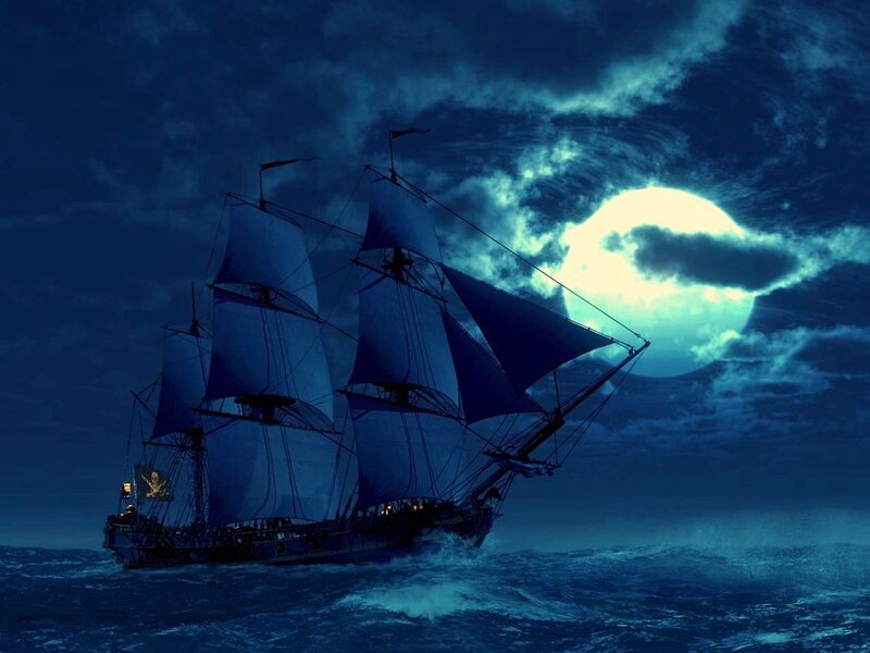 Sailing Ship at Night — Blue, Dramatic, Digital Art, Moon, Clouds, Ocean