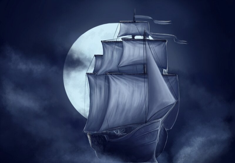 Sailing Ship at Night — Blue, Dramatic, Digital Art, Moon, Clouds
