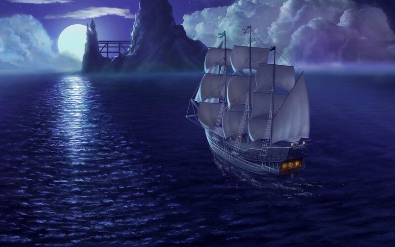 Sailing Ship at Night — Blue, Dramatic, Digital Art, Moon, Island, Castle, Purple
