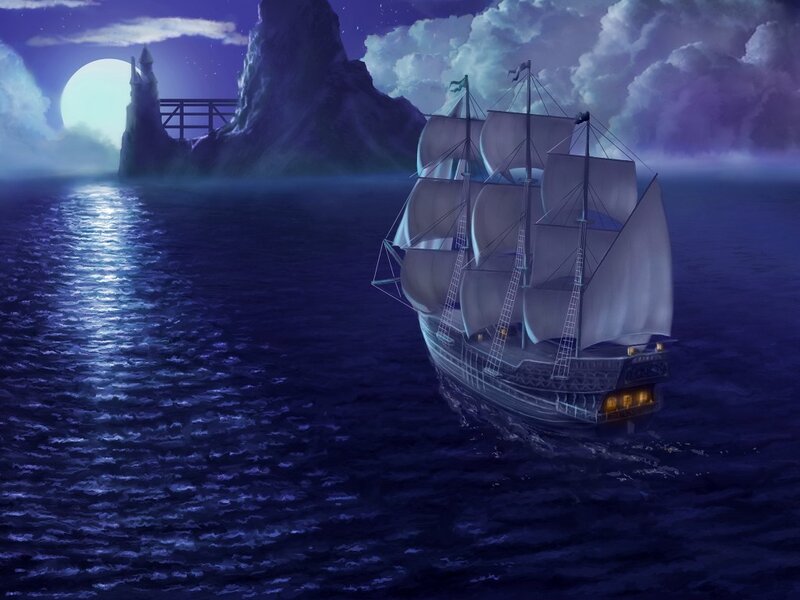 Sailing Ship at Night — Blue, Dramatic, Digital Art, Moon, Island, Castle