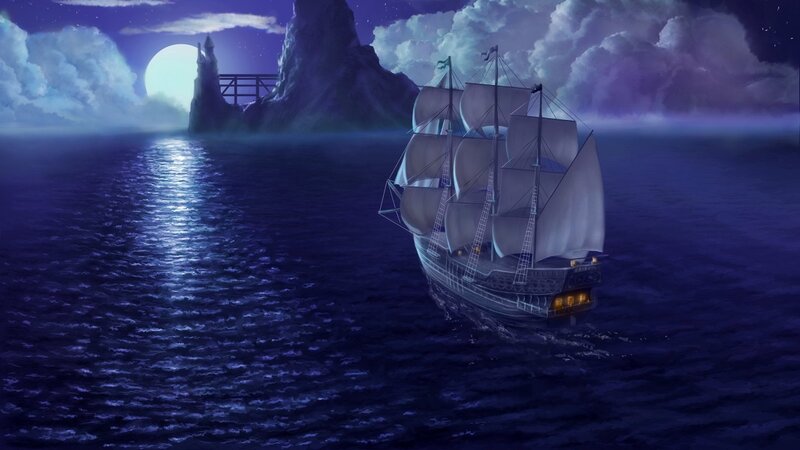 Sailing Ship at Night — Blue, Dramatic, Digital Art, Moon, Island